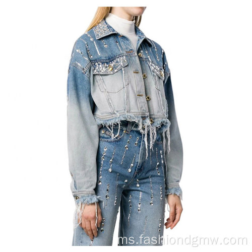 Womens Rhinestone Jean Jacket Dua Potongan Set Pakaian